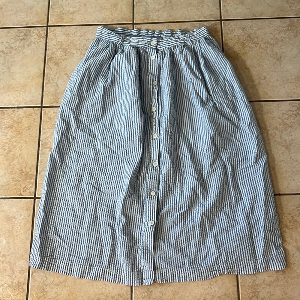 Vintage Blue & White Striped‎ Seersucker Skirt Button Down Front, Sz 16